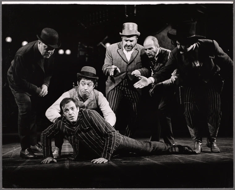 Mickey Shaughnessy [left], Don Francks [center], Jesse White, Leon Janney [right] and unidentified others in the stage production Kelly