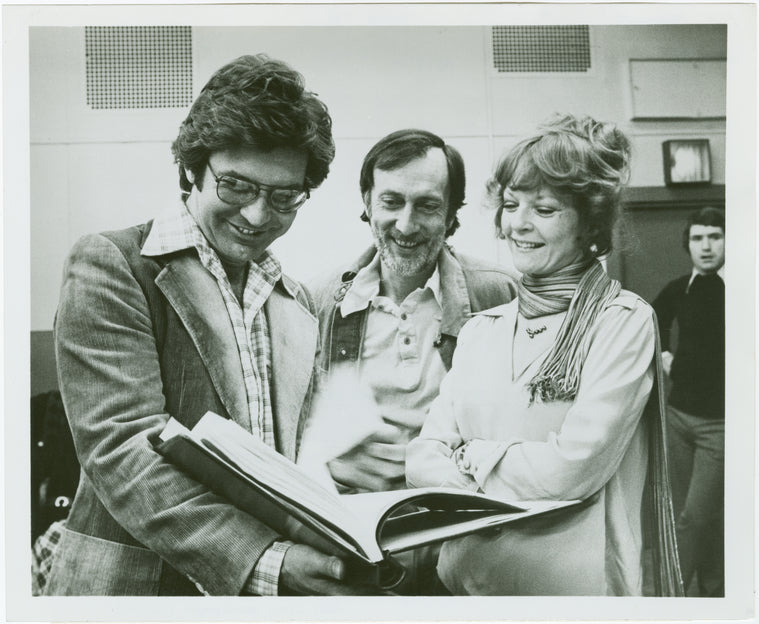 Ed Evanko (Mark Smeaton), Tom Aldredge (Will Somers) and Penny Fuller (Anne Boleyn/Princess Elizabeth) in rehearsal for Rex