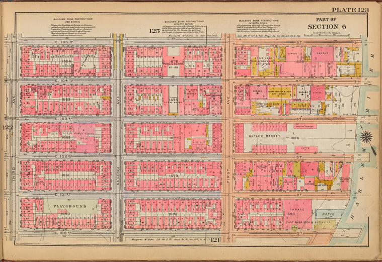 Plate 123: [Bounded by E. 105th Street, (Harlem River) First Avenue, E. 100th Street and Third Avenue]