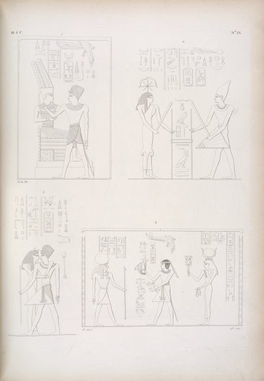 Amada: 1. Thutmes-Moeris [Thutmose III] abbracciato da Amon-re. 2. Viene a dedicare un edifizio insieme con Saf [Seshat]. 3. E abbracciato da Iside [Isis]. 4. Offre fiori ed oche a Phre [Ra].