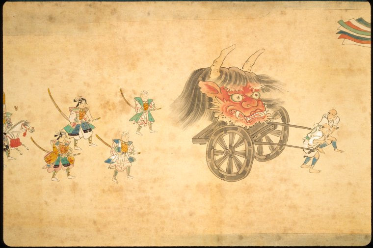 A procession featuring men with swords a two men pulling a two-wheeled cart carrying the head of a demon