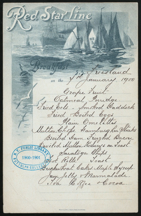 BREAKFAST [held by] RED STAR LINE [at] EN ROUTE ABOARD SS FRIESLAND (SS;)