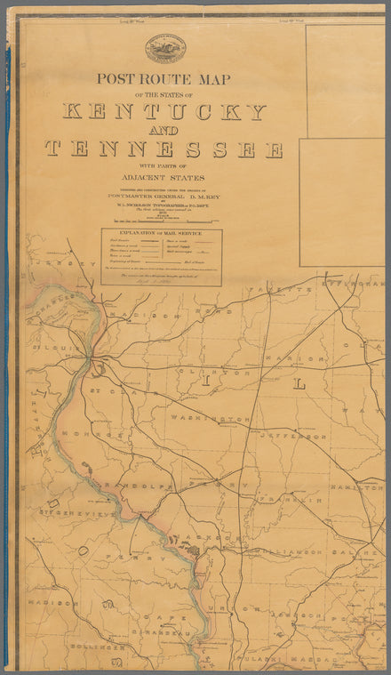 Post route map of the states of Kentucky and Tennessee, with parts of adjacent states