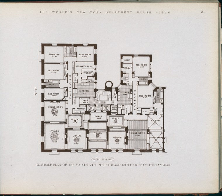 One-half plan of the 3d, 5th, 7th, 9th, 11th and 12th floors of The Langham.