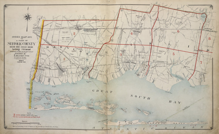 Index Map No.1 of a part of Suffolk County. South Side - Ocean Shore, Long Island. Townships of Babylon and Part of Islip Published by E. Belcher Hyde. 97 Liberty Street, Brooklyn. 5 Beekman Street, Manhattan. 1915. Volume One.
