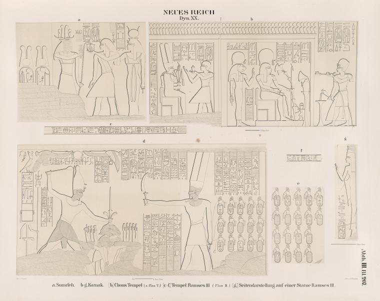 Neues Reich. Dynastie XX.  a. Surarîeh ; b - g. Karnak; [b.] Chons [Khons] Tempel (s. Plan T.); [c - f.] Tempel Ramses III (Plan M.); [g.] Seitendarstellung auf einer Statue Ramses III.