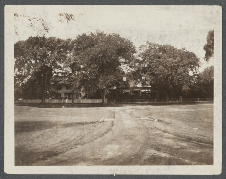 Samuel Hedges house on left. Poorhouse on right. West side Main Street, west of the Village Green. East Hampton, East Hampton