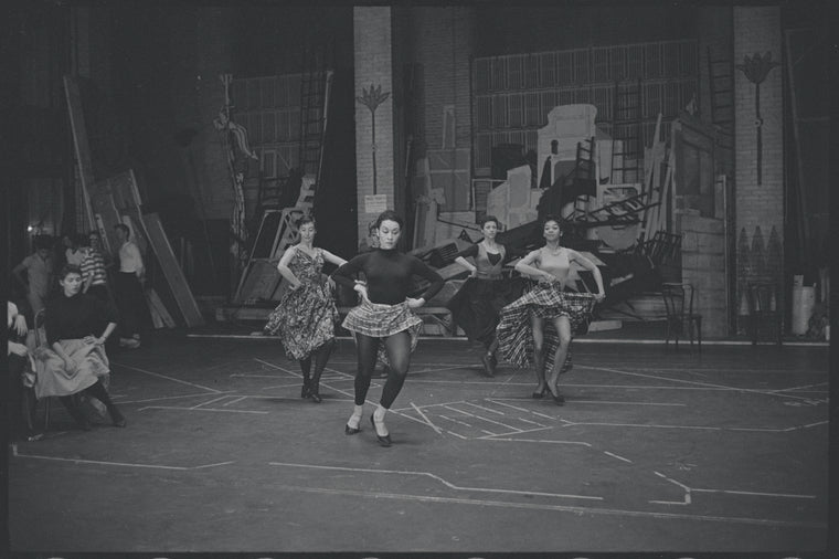 Chita Rivera and cast in rehearsal for the stage production West Side Story