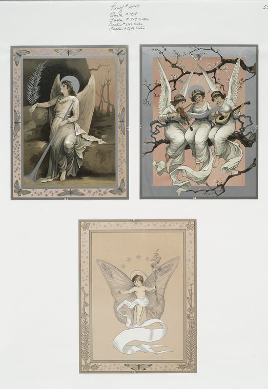 Easter cards depicting angels in trees playing music; angel with butterfly wings.