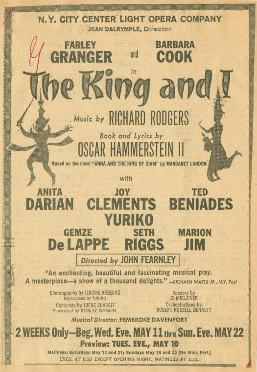 ...Farley Granger and Barbara Cook in The king and I. Music by Richard Rodgers. Book and lyrics by Oscar Hammerstein II...
