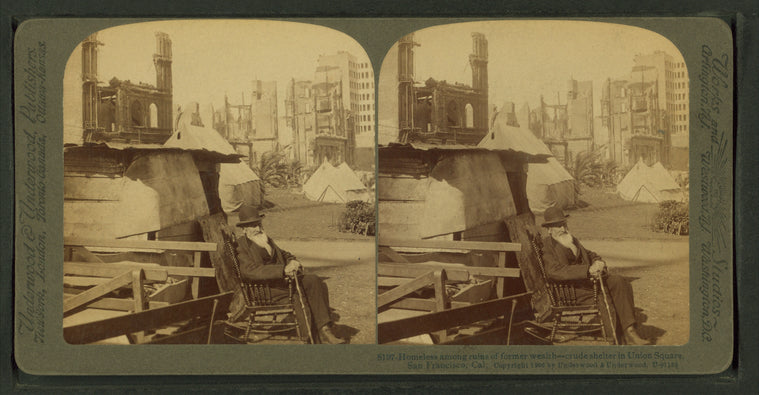 Homeless among ruins of former wealth, crude shelters in Union Square, San Francisco, Cal.