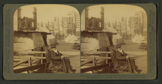 Homeless among ruins of former wealth, crude shelters in Union Square, San Francisco, Cal.