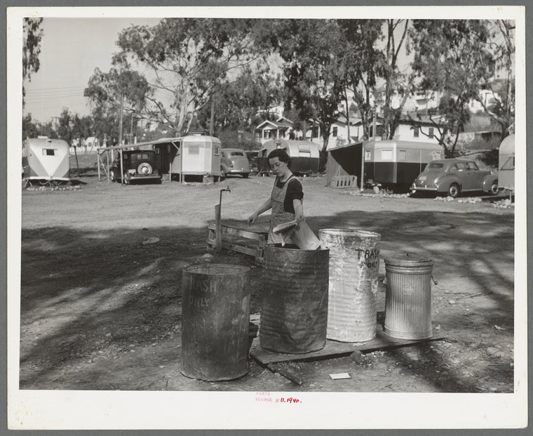 Garbage cans at trailer camp. San Diego, California