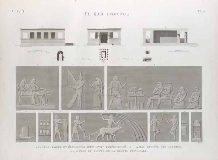 El Kab (Elethyia). 1-4. Plan, coupe et élévations d'un petit temple isolé; 5-15. Bas-reliefs des grottes; 16-18. Plan et coupes de la grotte principale.