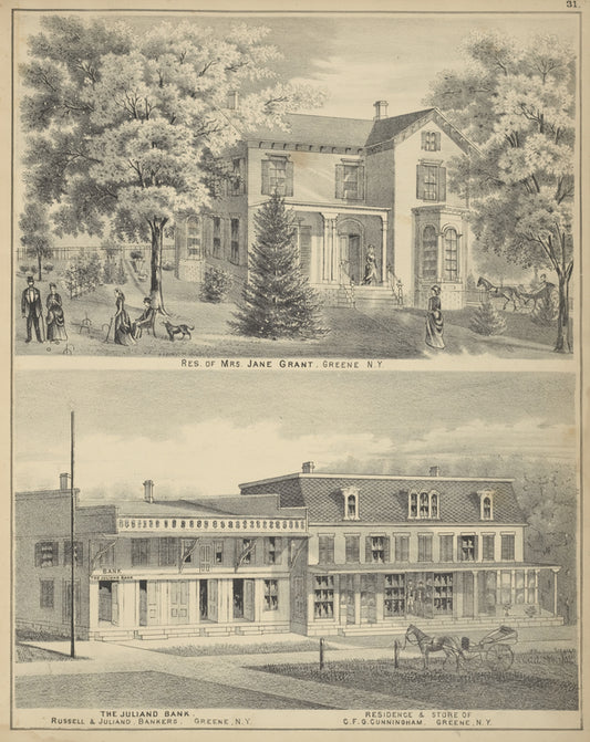 Res. of Mrs. Jane Grant, Greene N.Y.; The Juliano Bank. Russell & Juliano, Bankers, Greene, N.Y.; Residence & Store of C.F.G. Cunningham, Greene, N.Y.