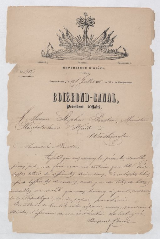 Boisrond-Canal, President of Haiti, Port-au-Prince, Haiti, To Stephen Preston, Plenipotentiary Minister of Haiti in Washington