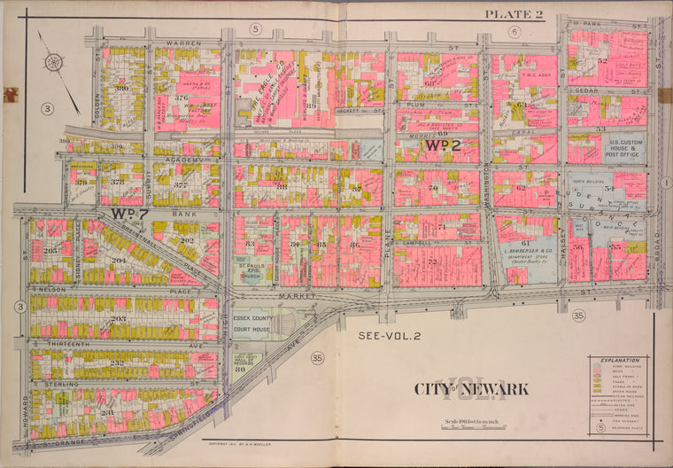 Newark, V. 1, Double Page Plate No. 2 [Map bounded by Warren St., W. Park St., Broad St., Market St., Springfield Ave., S. Orange Ave., Howard St., Henry St., Colden St.]