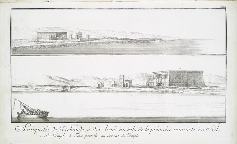 Antiquités de Deboude, à dix lieuës au delà de la première cataracte du Nil. (a. Le temple, b. Trois portails au devant du temple.)