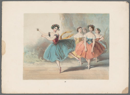 Ballerina dancing with castanets onstage, four other women at right