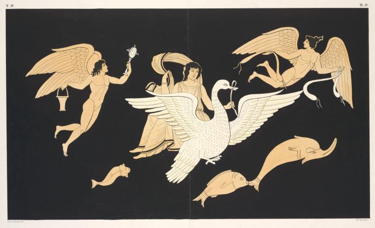 Venus seated on a swan and accompanied by two Erotes