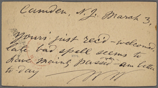 O'Connor, Ellen M., APCS to. Mar. 3, [1874].
