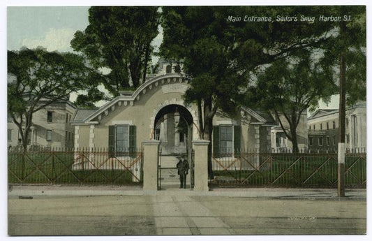 Main Entrance, Sailor's (sic) Snug Harbor, Staten Island [with guard posted at gate]