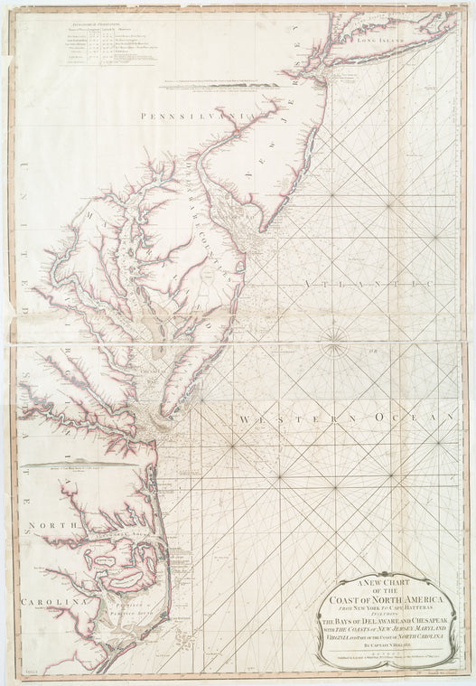 A new chart of the coast of North America : from New York to Cape Hatteras, including the bays of Delaware and Chesapeak, with the coasts of New Jersey, Maryland, Virginia and part of the coast of North Carolina