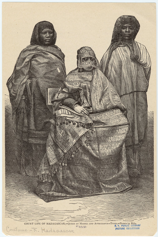 Court life of Madagascar -- queen of Maheli and attendants -- types