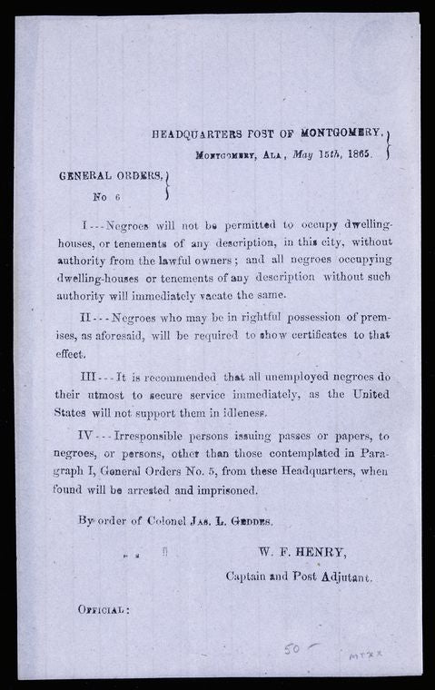 Regulation regarding the housing and employment of Blacks issued by the Headquarters Post of Montgomery, Alabama