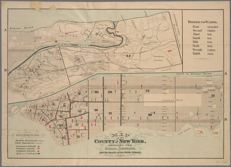 Map of the County of New York : showing the school districts and the locality of the public schools, 1883