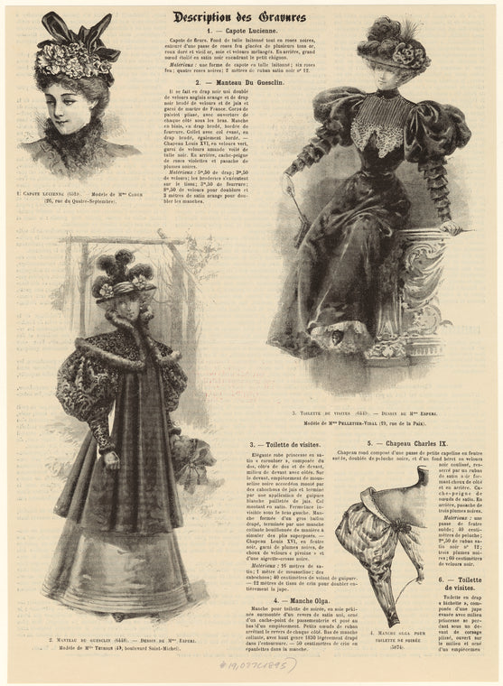 Capote Lucienne (6519) ; Manteau du Guesclin (6448) ; Toilette de visites (6449) ; Manche Olga pour toilette de soirée (5874)