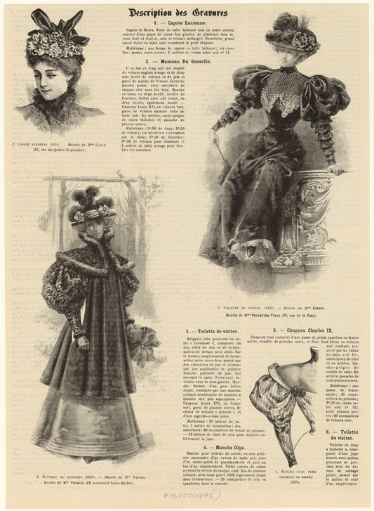 Capote Lucienne (6519) ; Manteau du Guesclin (6448) ; Toilette de visites (6449) ; Manche Olga pour toilette de soirée (5874)