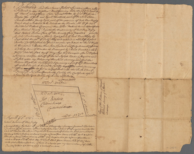 Copy of the return of Joseph Borden's survey of a cedar swamp (in the Eastern Division of New Jersey, signed by William Embly, 1717)