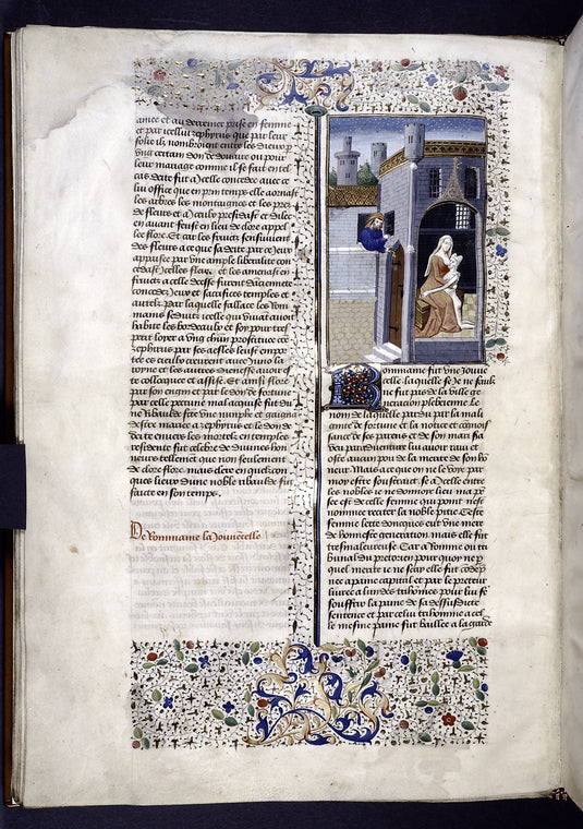 Miniature showing the young Roman woman giving milk from her breast to her condemned mother, while the jailer, holding the key, observes them through a barred window.  Initial, rubric, border design.