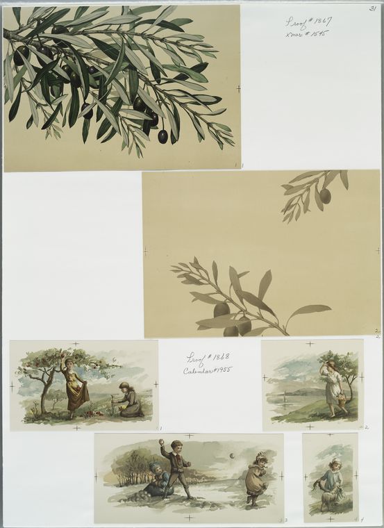 Christmas cards depicting tree branches, people picking fruit and flowers, children throwing snowballs, girl with lamb.