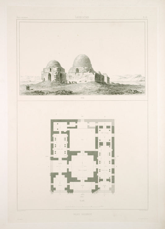 Sarbistan. Vue; Palais sassanide [plan].