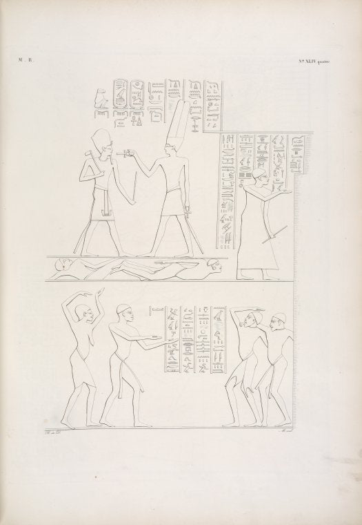 Rappresentano il trionfo del re Horus [Horemheb -?] sopra popoli africani, secondo le sculture dello speco di Silsilis [Gebel el-Silsila].