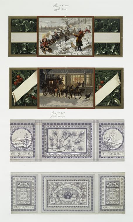Christmas cards depicting winter scenes and lanscapes ; children on sleigh ; horse-drawn carriage.
