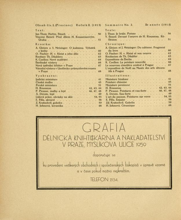 Umelecký mesícník. Roč. 2, čís. 2. Obsah [= sommaire no. 2]