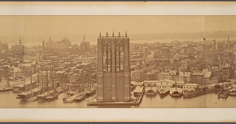 Panoramic view of Manhattan, showing Brooklyn Bridge under construction