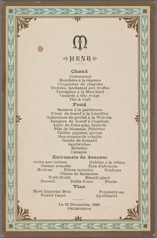 DINNER [held by] [DELMONOCO'S?] [at] "DELMONICO'S, NEW YORK, NY" (REST;)