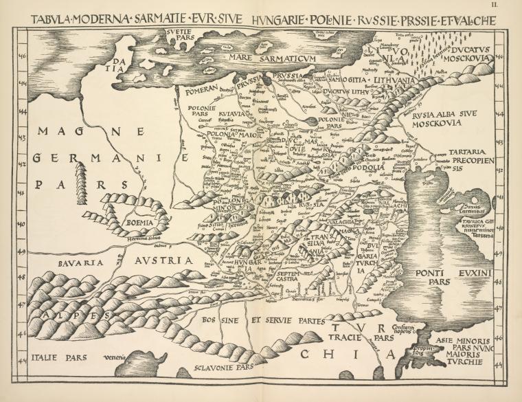 Karta Tabula Moderna Sarmatiae Eur. Iz latinskago izdaniia Geografii Ptolemeia, Argentorati, 1513. Text str.15