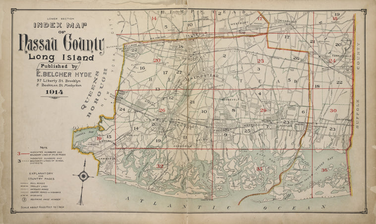 Lower section Index Map of Nassau County Long Island Published by E. Belcher Hype. 97 Liberty St. Brooklyn, 5 Beekman St. Manhattan. 1914.