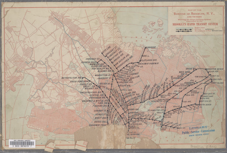 Map of the borough of Brooklyn, N.Y., and vicinity showing the street railway system controlled by the Brooklyn Rapid Transit Co