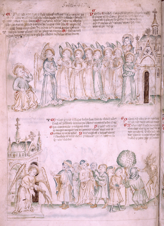Sixth vision: one of the four living creatures (here as the lion of St. Mark) hands out vials containing seven plagues to angels; an angel pours out the first plague causing malignant sores to the bearers of mark