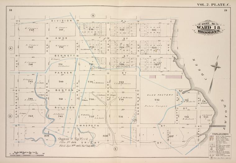 Map bound by Division Pl., Newtown Creek, Orient St., Vandervoort Ave.; Including Amos St., Bennett St., Parker St., Benton St., Bullion St., Maspeth St., Porter Ave., Varick Ave., Stewart Ave., Cardner Ave., Scott Ave., Seneca Ave.