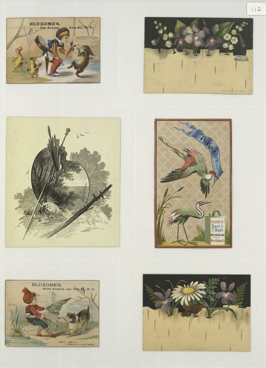 Trade cards depicting birds, flowers, boys, a duck, chicks, a dog, a rabbit, trees, a painting palette, wallpaper and birch bark.