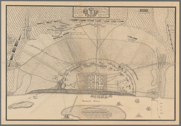 Plan of the French and American sieg of Savannah in Georgia south in America under command of the French gener. Count d'Estaing : the Britt. commander in the town was general August Prevost, 1779