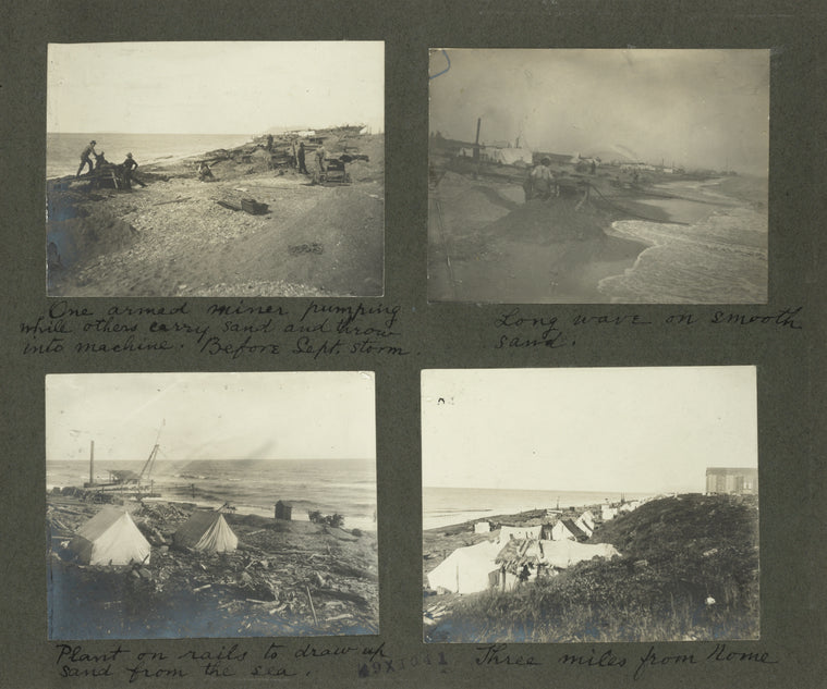 One armed miner pumping while others carry sand and throw into machine. Before Sept. storm; Long wave on smooth sand; Plant on rails to draw up sand from the sea; Three miles from Nome.
