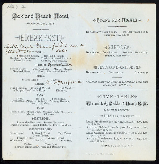 BREAKFAST [held by] OAKLAND BEACH HOTEL [at] "WARWICK, RI" (HOTEL;)